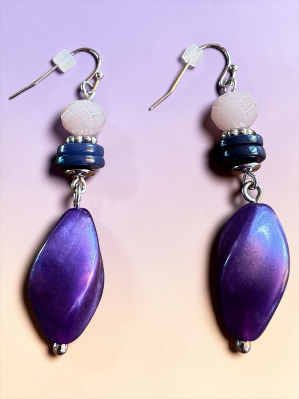 Artisan-Crafted Iridescent Lavender and Plum Purple Beaded Dangle Earrings.